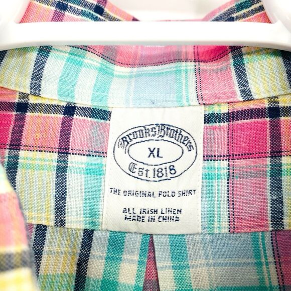 Brooks Brothers Shirt Mens XL Green Pink Plaid Irish Linen Button Up Extra Large - Picture 3 of 10